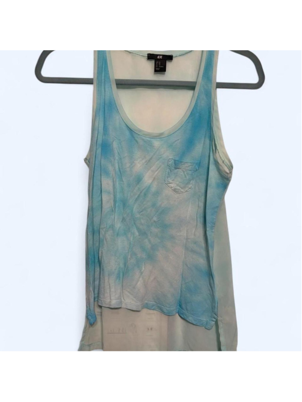 H&M tank top with a sheer back and small pocket, tie dyed blue and teal